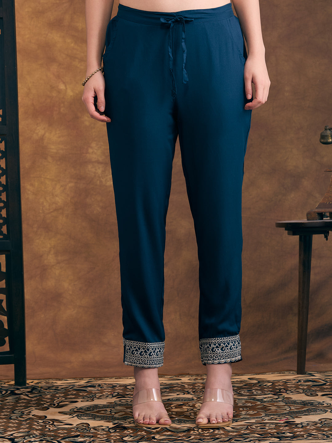 Solid Ethnic Resham & Zari Embroidered Straight Fit Co-ord Set - Teal