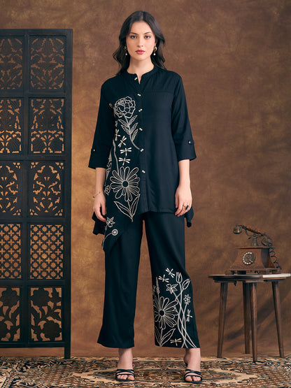 Solid Floral Embroidered Straight Fit Co-ord Set - Black