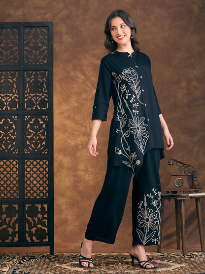 Solid Floral Embroidered Straight Fit Co-ord Set - Black