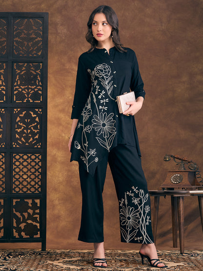 Solid Floral Embroidered Straight Fit Co-ord Set - Black