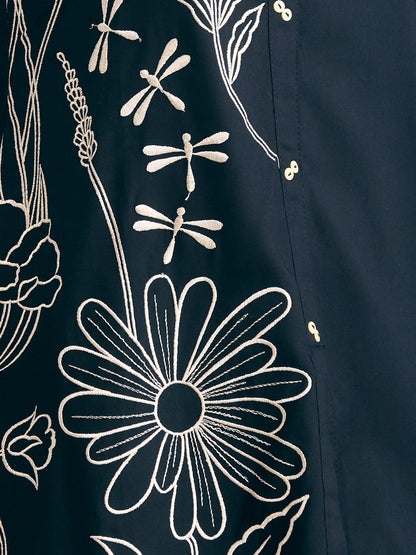 Solid Floral Embroidered Straight Fit Co-ord Set - Black