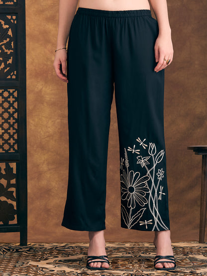 Solid Floral Embroidered Straight Fit Co-ord Set - Black
