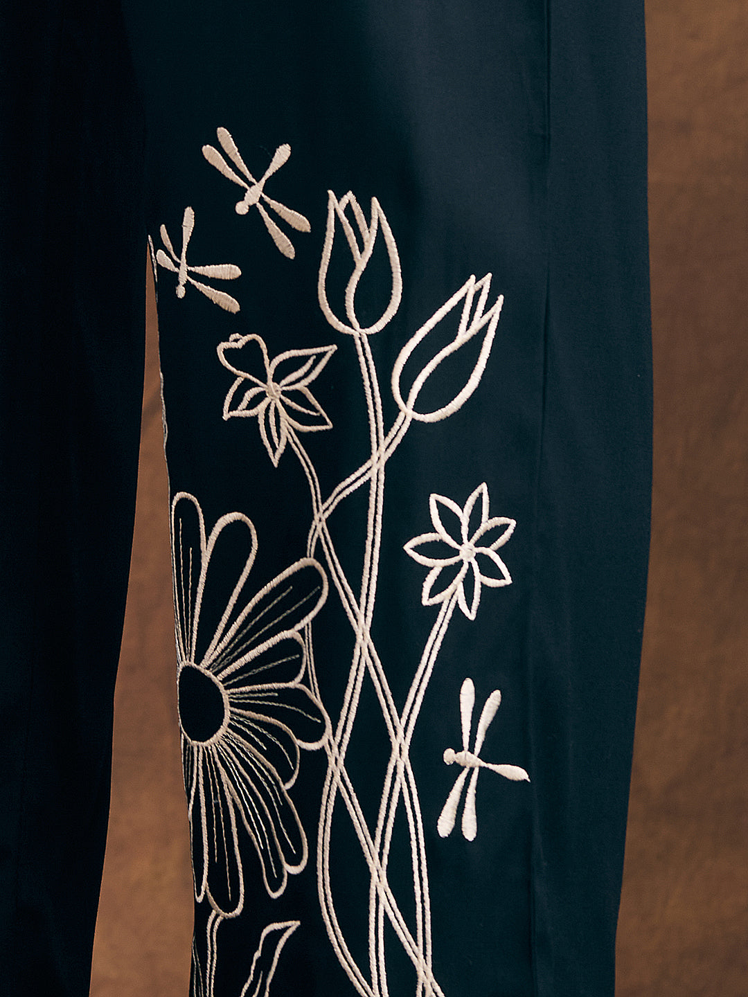 Solid Floral Embroidered Straight Fit Co-ord Set - Black