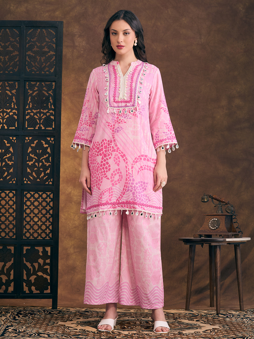 Ethnic Floral Printed Embroidered Straight Fit Kurta with Palazzo - Pink