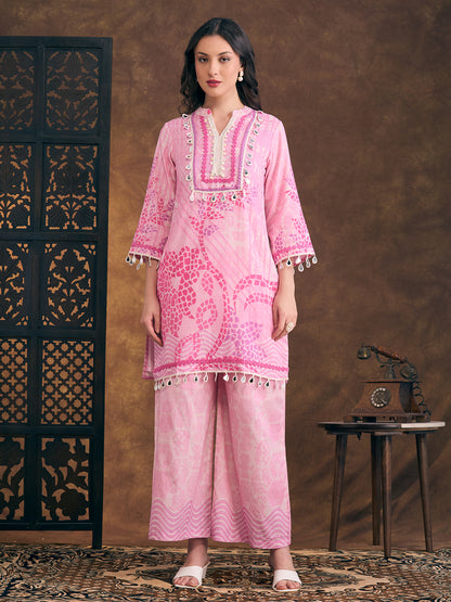 Ethnic Floral Printed Embroidered Straight Fit Kurta with Palazzo - Pink