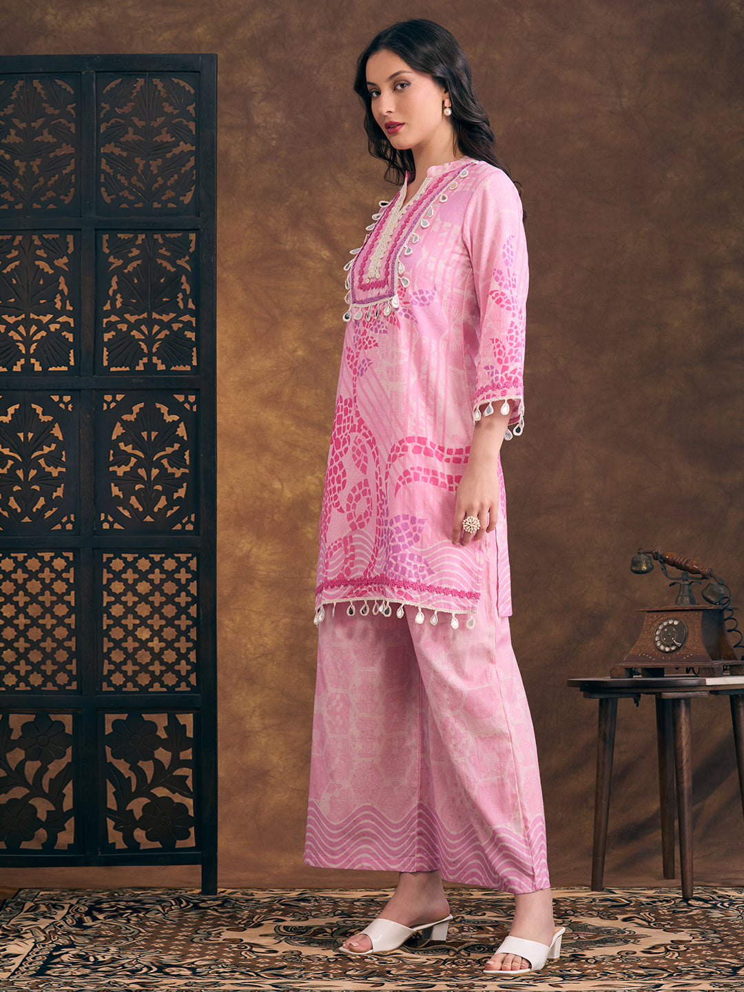 Ethnic Floral Printed Embroidered Straight Fit Kurta with Palazzo - Pink