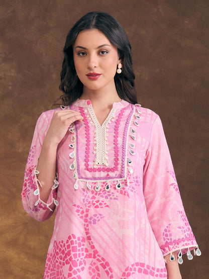Ethnic Floral Printed Embroidered Straight Fit Kurta with Palazzo - Pink