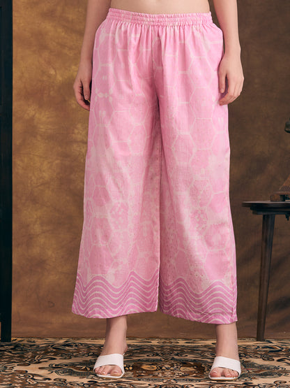 Ethnic Floral Printed Embroidered Straight Fit Kurta with Palazzo - Pink
