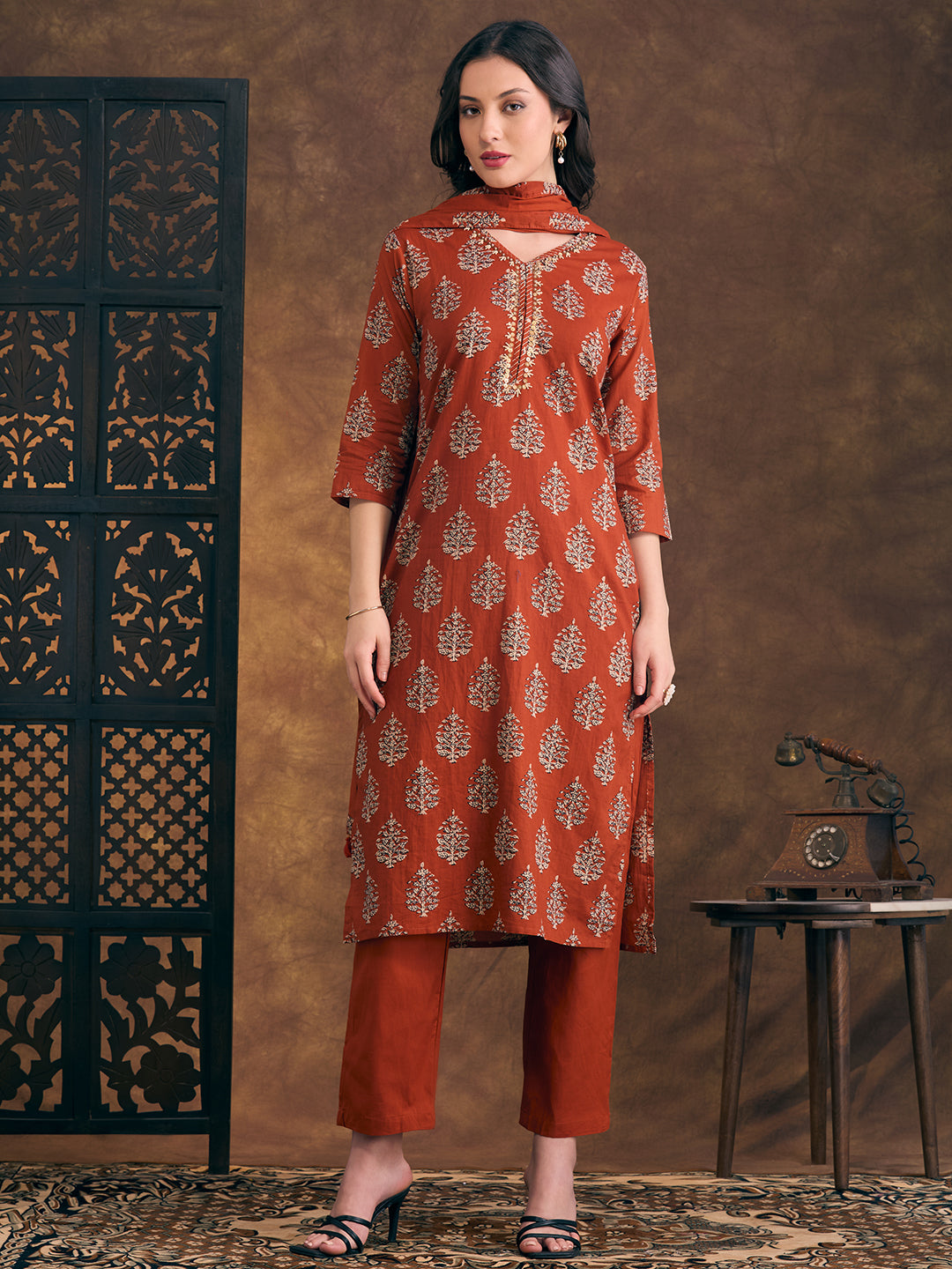 Ethnic Floral Printed Embroidered Straight Fit Kurta with Pant and Dupatta - Rust