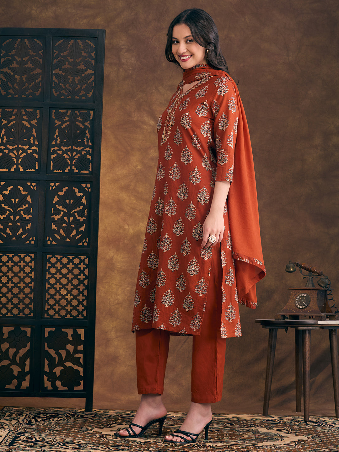 Ethnic Floral Printed Embroidered Straight Fit Kurta with Pant and Dupatta - Rust