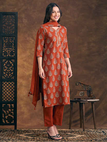Ethnic Floral Printed Embroidered Straight Fit Kurta with Pant and Dupatta - Rust