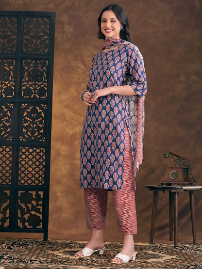 Ethnic Floral Printed Straight Fit Kurta with Pant And Pure Cotton Dupatta - Blue