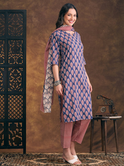 Ethnic Floral Printed Straight Fit Kurta with Pant And Pure Cotton Dupatta - Blue