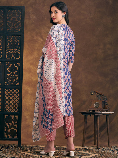 Ethnic Floral Printed Straight Fit Kurta with Pant And Pure Cotton Dupatta - Blue