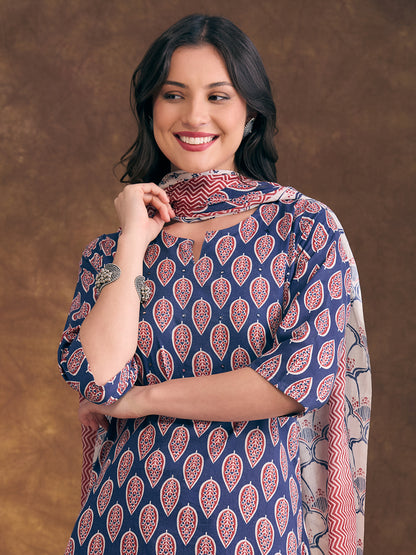 Ethnic Floral Printed Straight Fit Kurta with Pant And Pure Cotton Dupatta - Blue