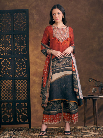 Abstract Printed Embroidered A-Line Kurta with Palazzo and Dupatta - Rust