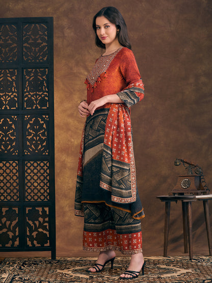 Abstract Printed Embroidered A-Line Kurta with Palazzo and Dupatta - Rust