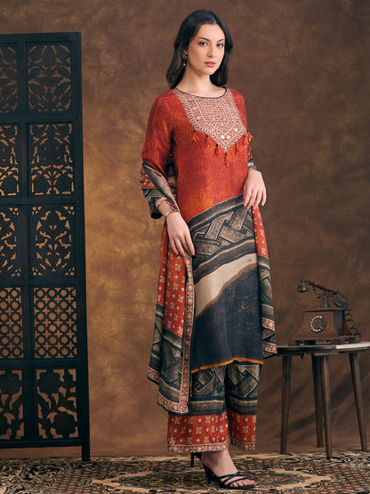 Abstract Printed Embroidered A-Line Kurta with Palazzo and Dupatta - Rust