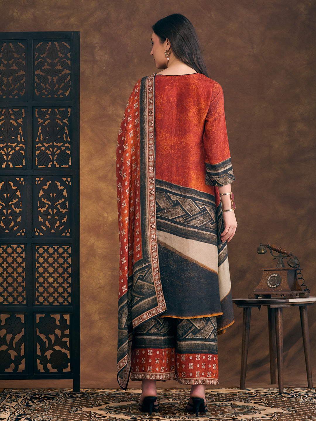 Abstract Printed Embroidered A-Line Kurta with Palazzo and Dupatta - Rust