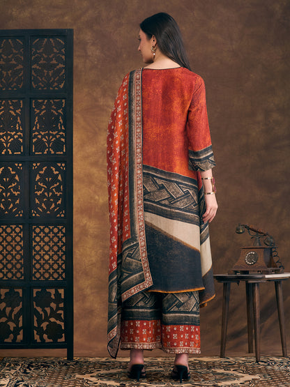 Abstract Printed Embroidered A-Line Kurta with Palazzo and Dupatta - Rust