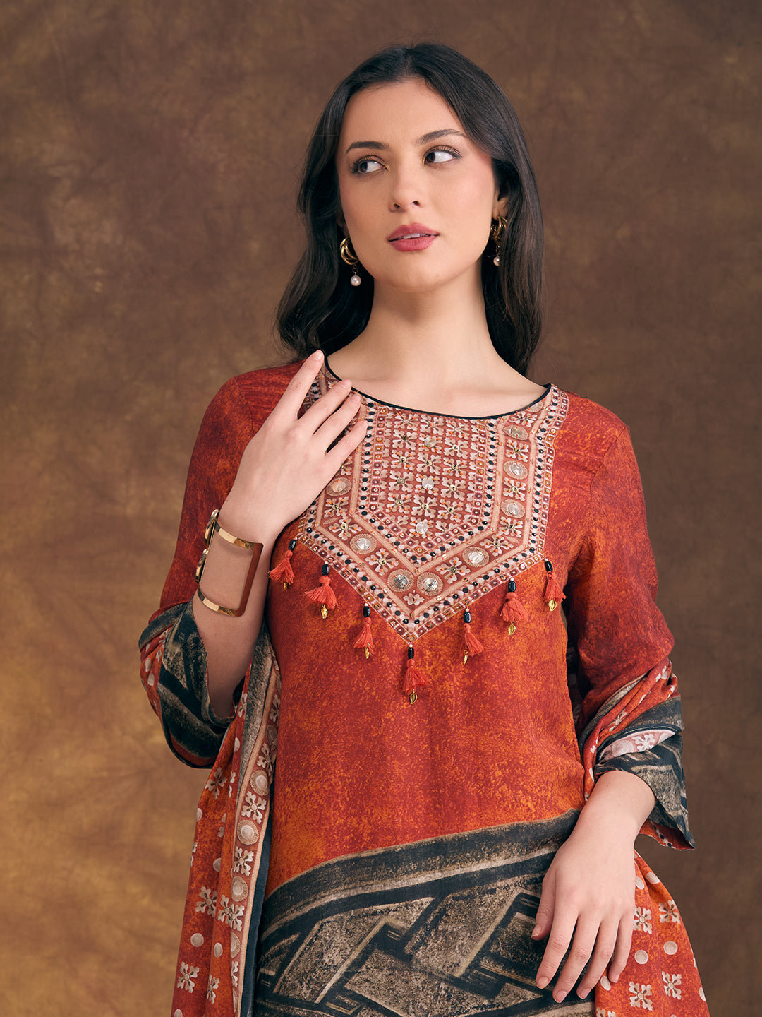 Abstract Printed Embroidered A-Line Kurta with Palazzo and Dupatta - Rust
