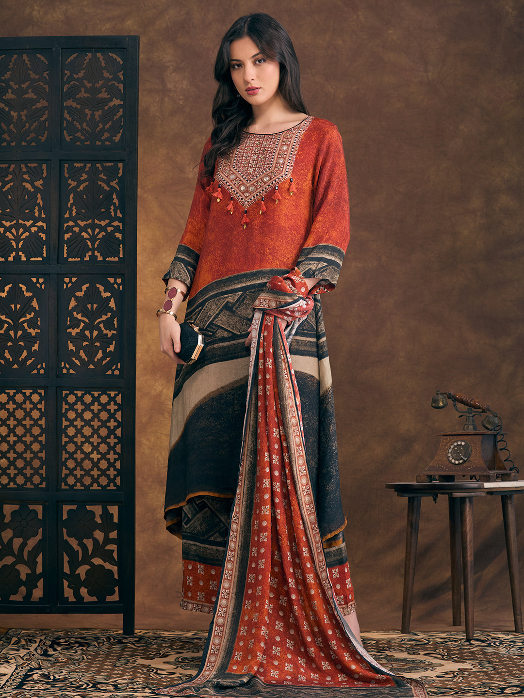 Abstract Printed Embroidered A-Line Kurta with Palazzo and Dupatta - Rust