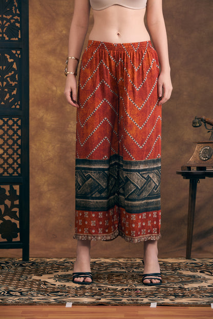 Abstract Printed Embroidered A-Line Kurta with Palazzo and Dupatta - Rust