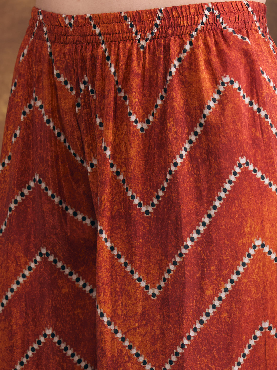 Abstract Printed Embroidered A-Line Kurta with Palazzo and Dupatta - Rust
