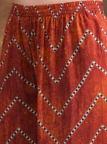 Abstract Printed Embroidered A-Line Kurta with Palazzo and Dupatta - Rust