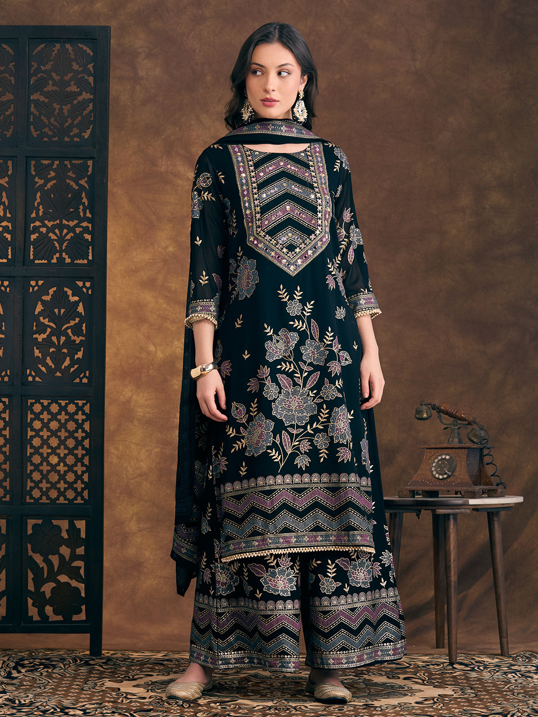 Solid Ethnic Embroidered Straight Fit Kurta with Palazzo and Dupatta - Teal Blue