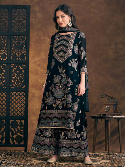 Solid Ethnic Embroidered Straight Fit Kurta with Palazzo and Dupatta - Teal Blue