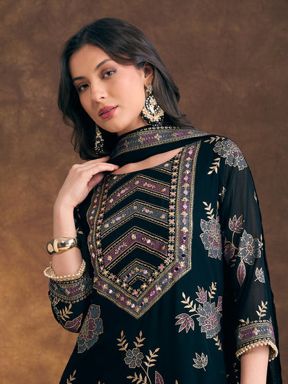 Solid Ethnic Embroidered Straight Fit Kurta with Palazzo and Dupatta - Teal Blue