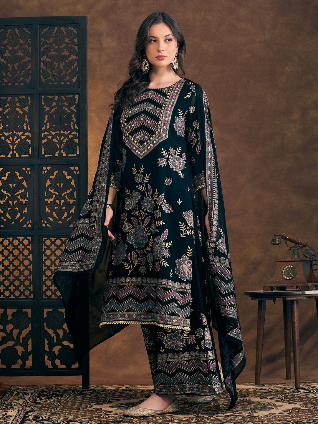 Solid Ethnic Embroidered Straight Fit Kurta with Palazzo and Dupatta - Teal Blue