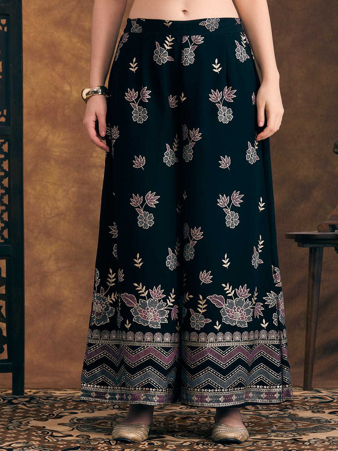 Solid Ethnic Embroidered Straight Fit Kurta with Palazzo and Dupatta - Teal Blue