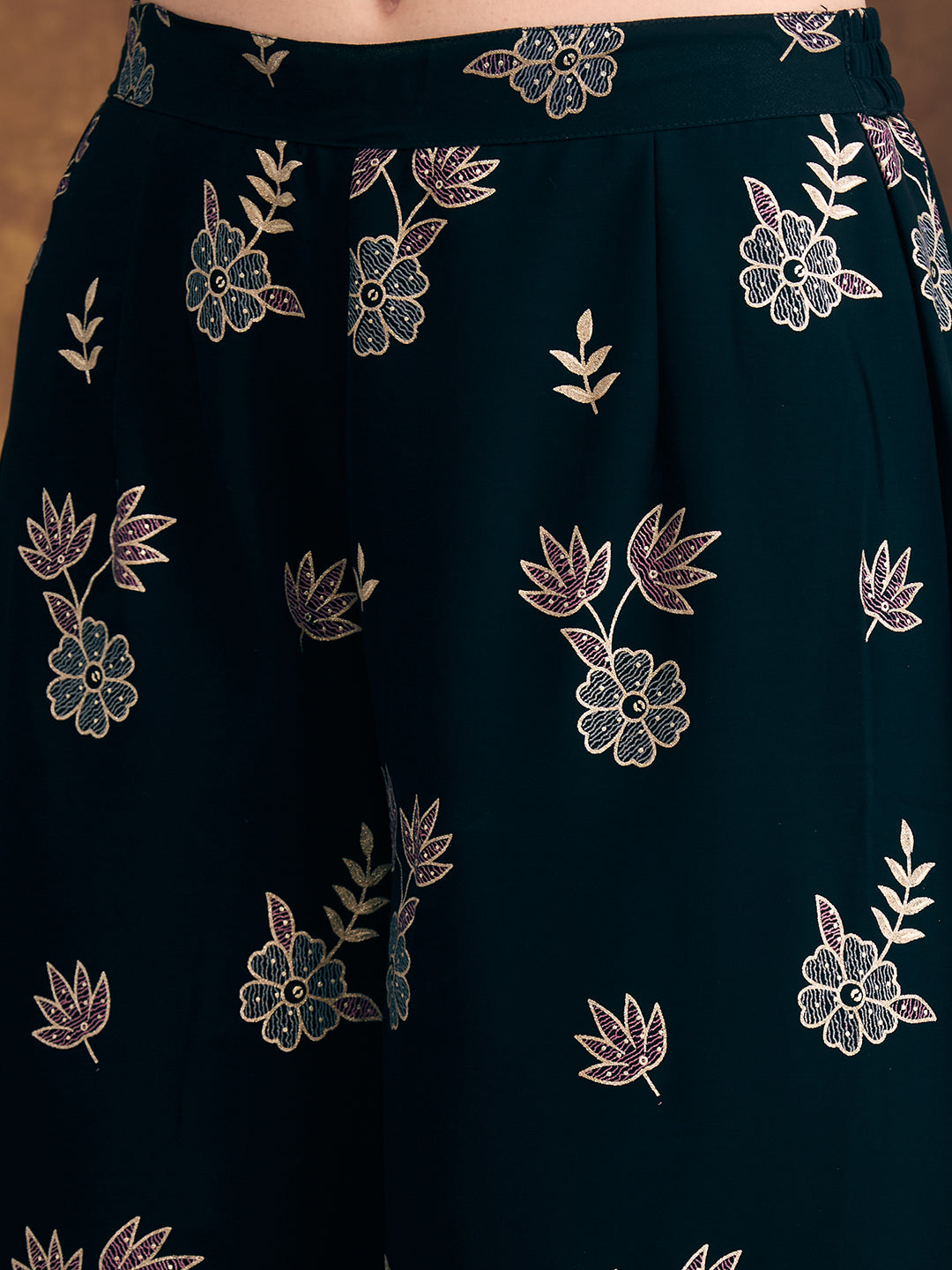 Solid Ethnic Embroidered Straight Fit Kurta with Palazzo and Dupatta - Teal Blue