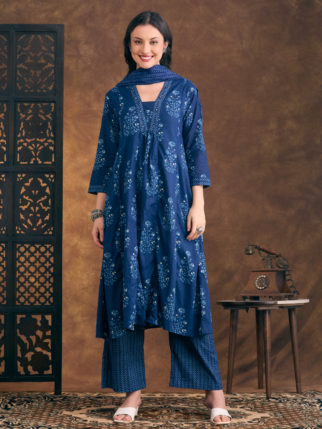 Floral Printed & Embroidered A-Line Paneled Kurta with Palazzo & Dupatta - Navy Blue