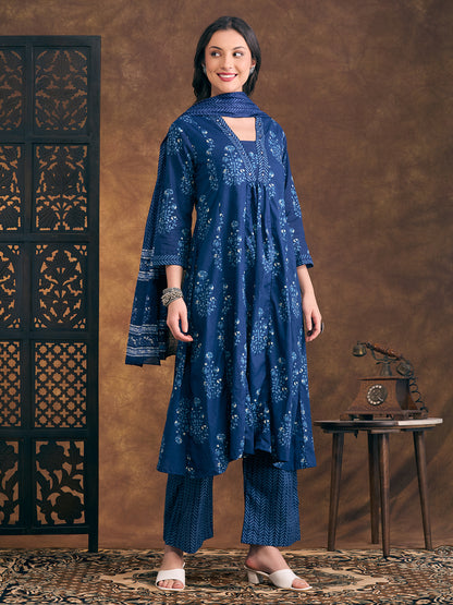 Floral Printed & Embroidered A-Line Paneled Kurta with Palazzo & Dupatta - Navy Blue