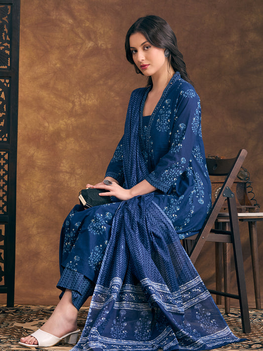 Floral Printed & Embroidered A-Line Paneled Kurta with Palazzo & Dupatta - Navy Blue