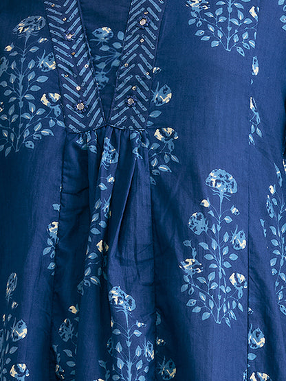 Floral Printed & Embroidered A-Line Paneled Kurta with Palazzo & Dupatta - Navy Blue