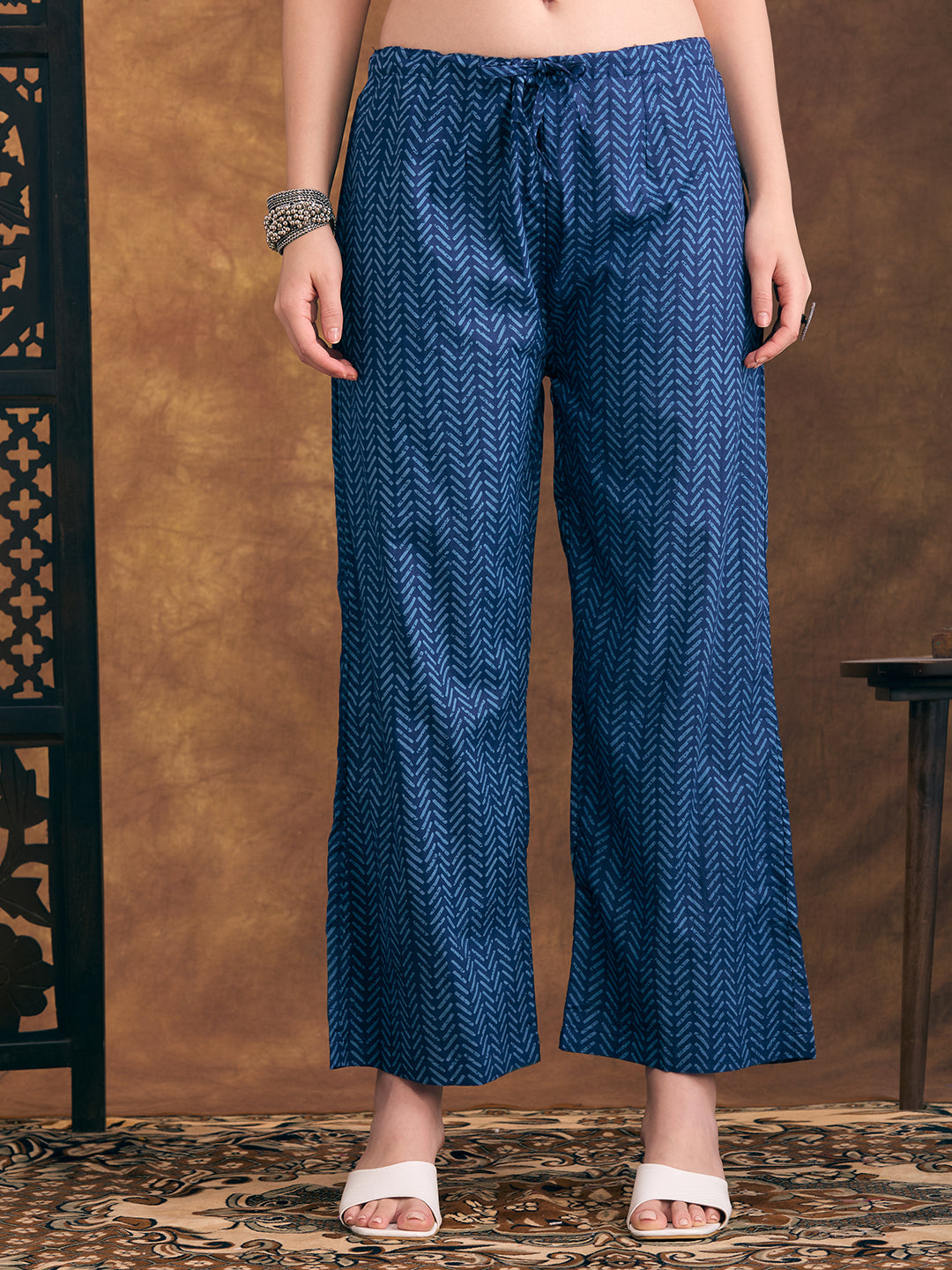 Floral Printed & Embroidered A-Line Paneled Kurta with Palazzo & Dupatta - Navy Blue