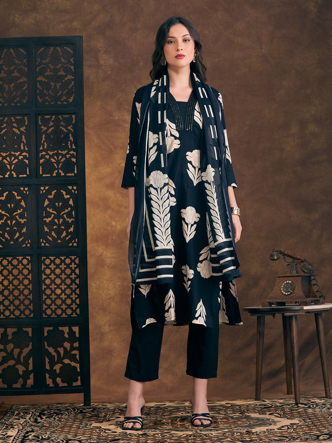 Ethnic Floral Printed Embroidered Straight Fit Kurta with Pant and Dupatta - Navy Blue