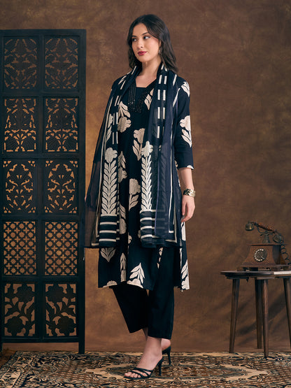 Ethnic Floral Printed Embroidered Straight Fit Kurta with Pant and Dupatta - Navy Blue