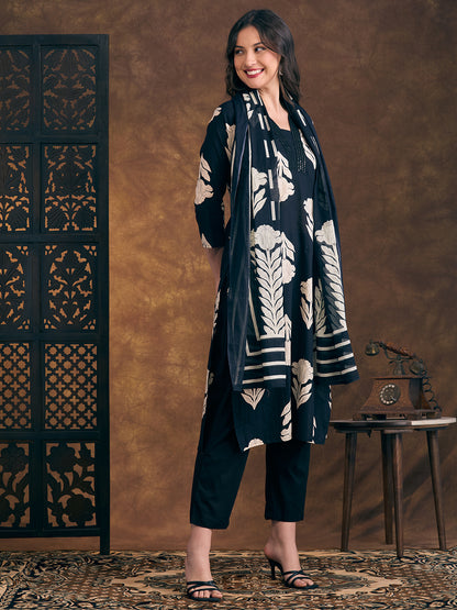 Ethnic Floral Printed Embroidered Straight Fit Kurta with Pant and Dupatta - Navy Blue