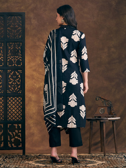 Ethnic Floral Printed Embroidered Straight Fit Kurta with Pant and Dupatta - Navy Blue