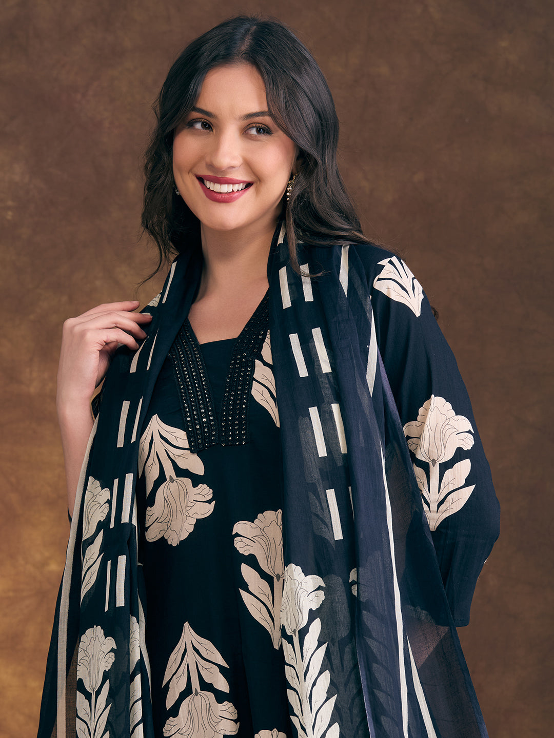 Ethnic Floral Printed Embroidered Straight Fit Kurta with Pant and Dupatta - Navy Blue