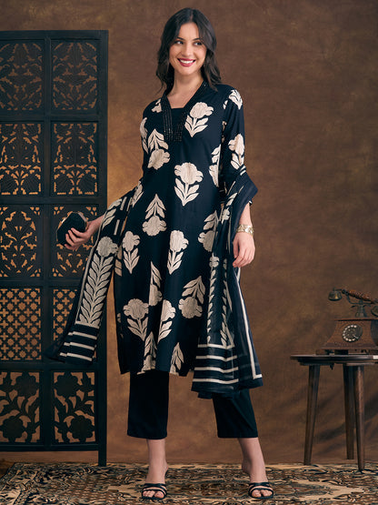 Ethnic Floral Printed Embroidered Straight Fit Kurta with Pant and Dupatta - Navy Blue