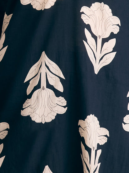 Ethnic Floral Printed Embroidered Straight Fit Kurta with Pant and Dupatta - Navy Blue
