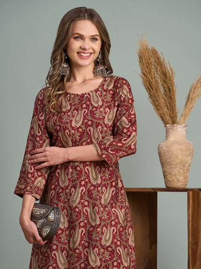 Ethnic Floral Printed Straight Fit Kurta - Maroon