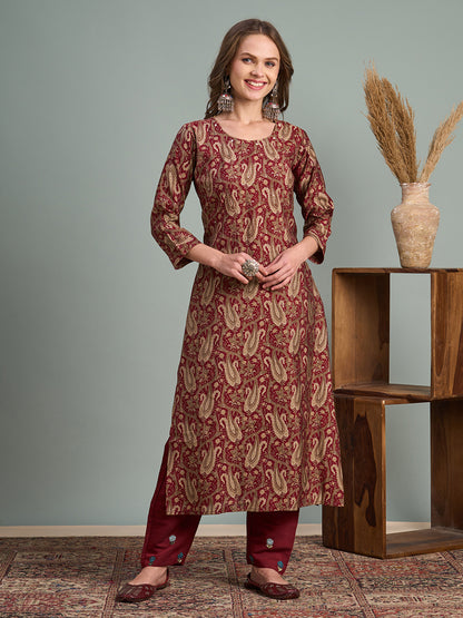 Ethnic Floral Printed Straight Fit Kurta - Maroon