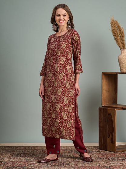 Ethnic Floral Printed Straight Fit Kurta - Maroon